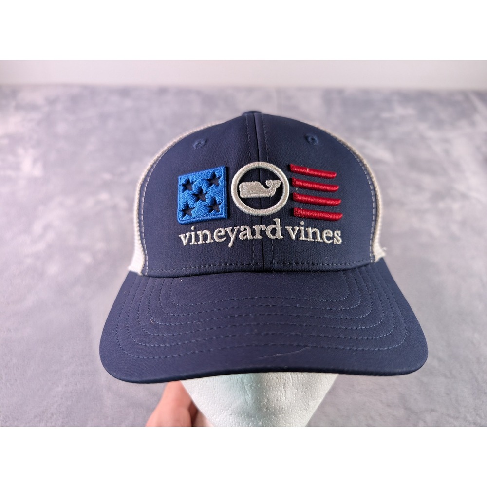 Vineyard Vines Kids Navy Blue American Flag Whale Trucker Snapback Hat Size L